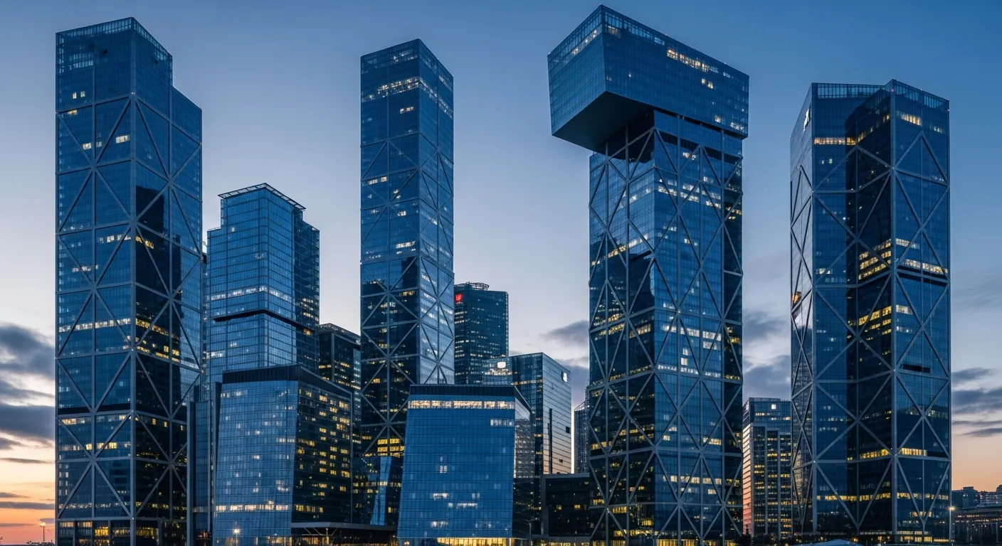 Modern office towers reflecting market momentum
