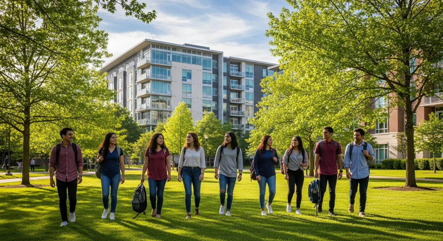 Students on campus near purpose-built housing