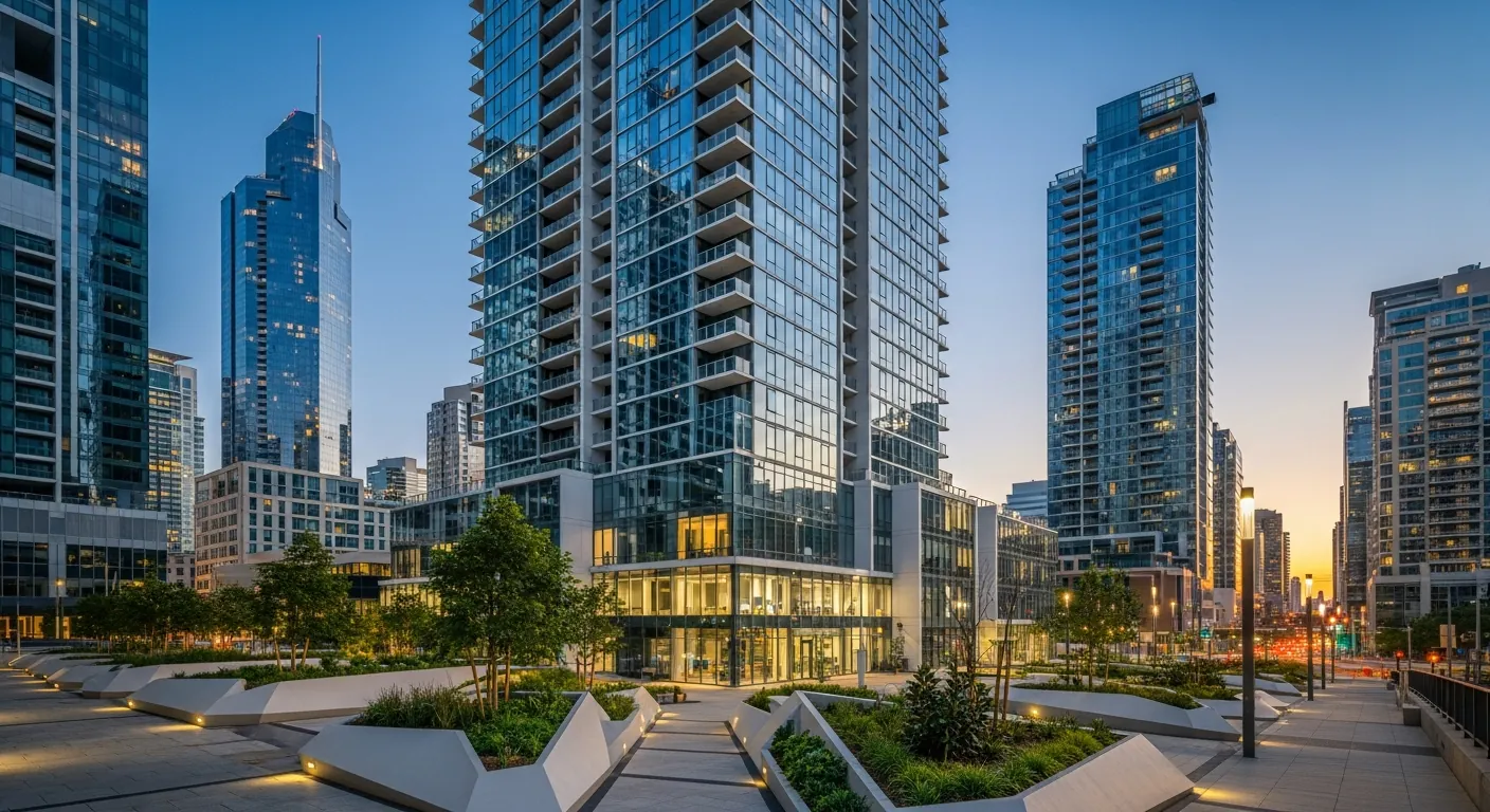 Modern apartment tower with urban landscaping