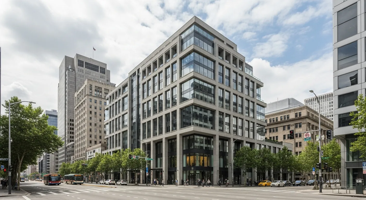 Gray concrete commercial building in urban setting