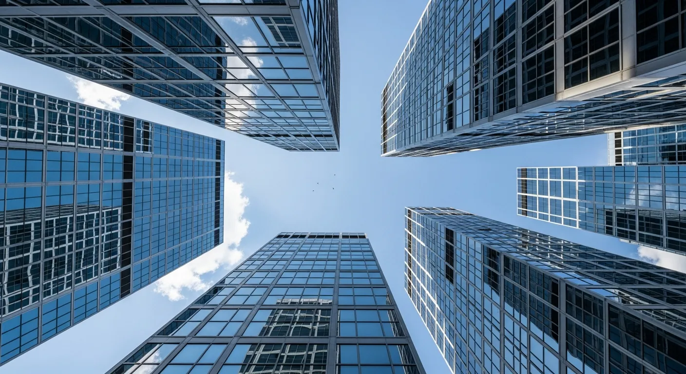 Low angle view of contemporary high-rise buildings