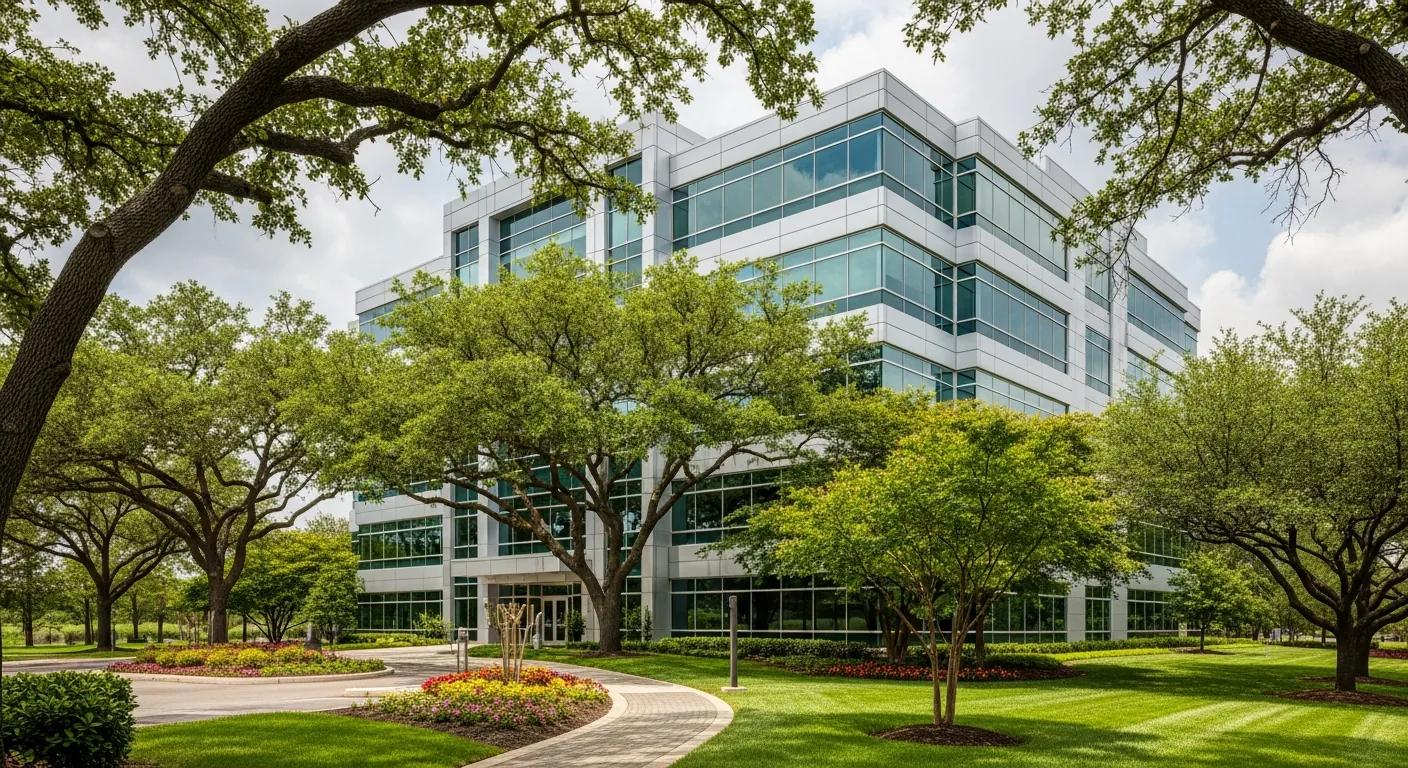 Office building surrounded by mature trees