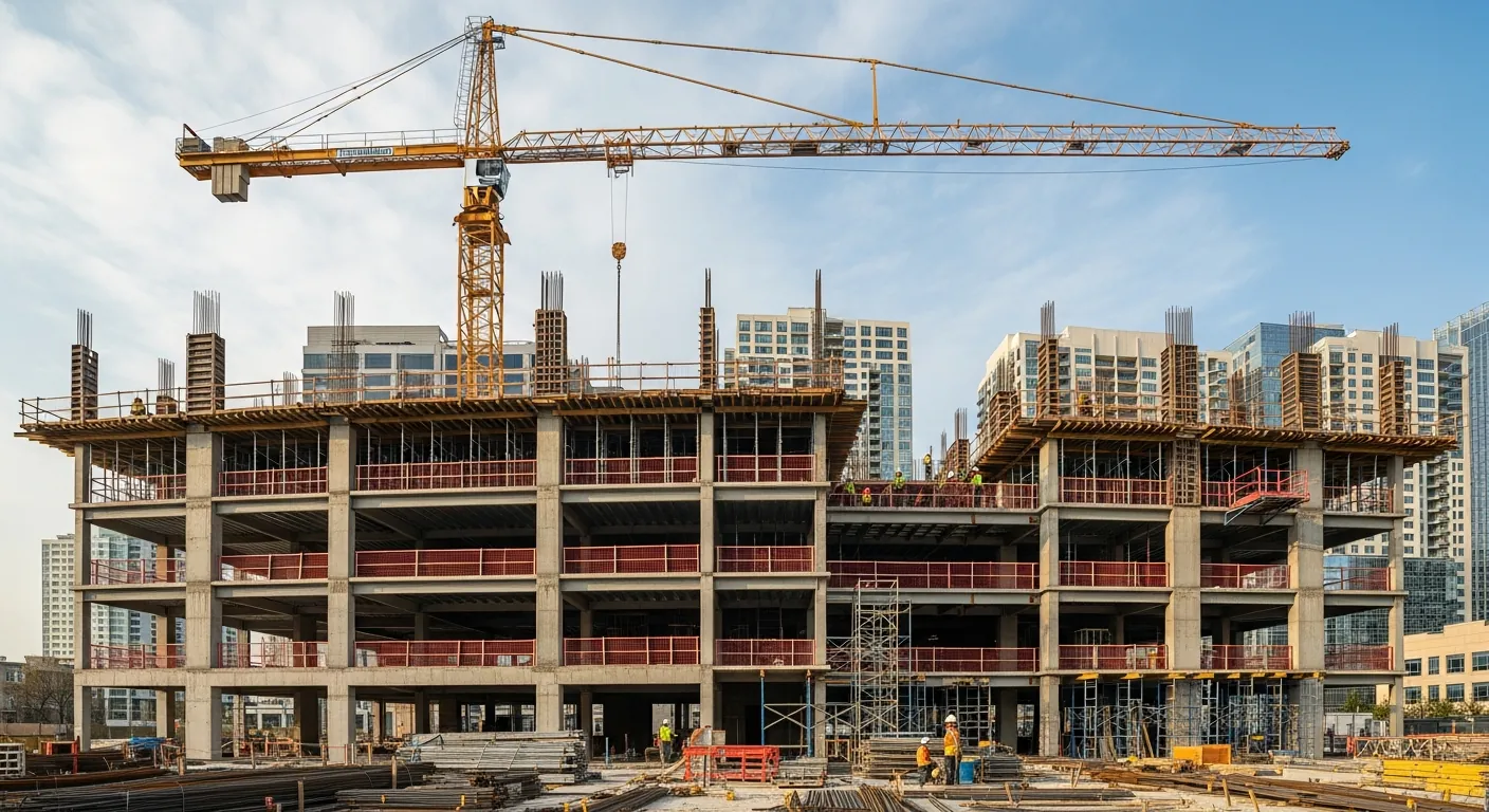 Construction crane atop building under development