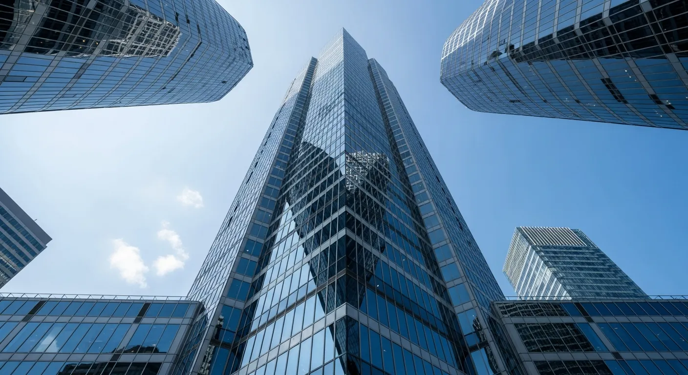 Low angle view of modern glass office tower