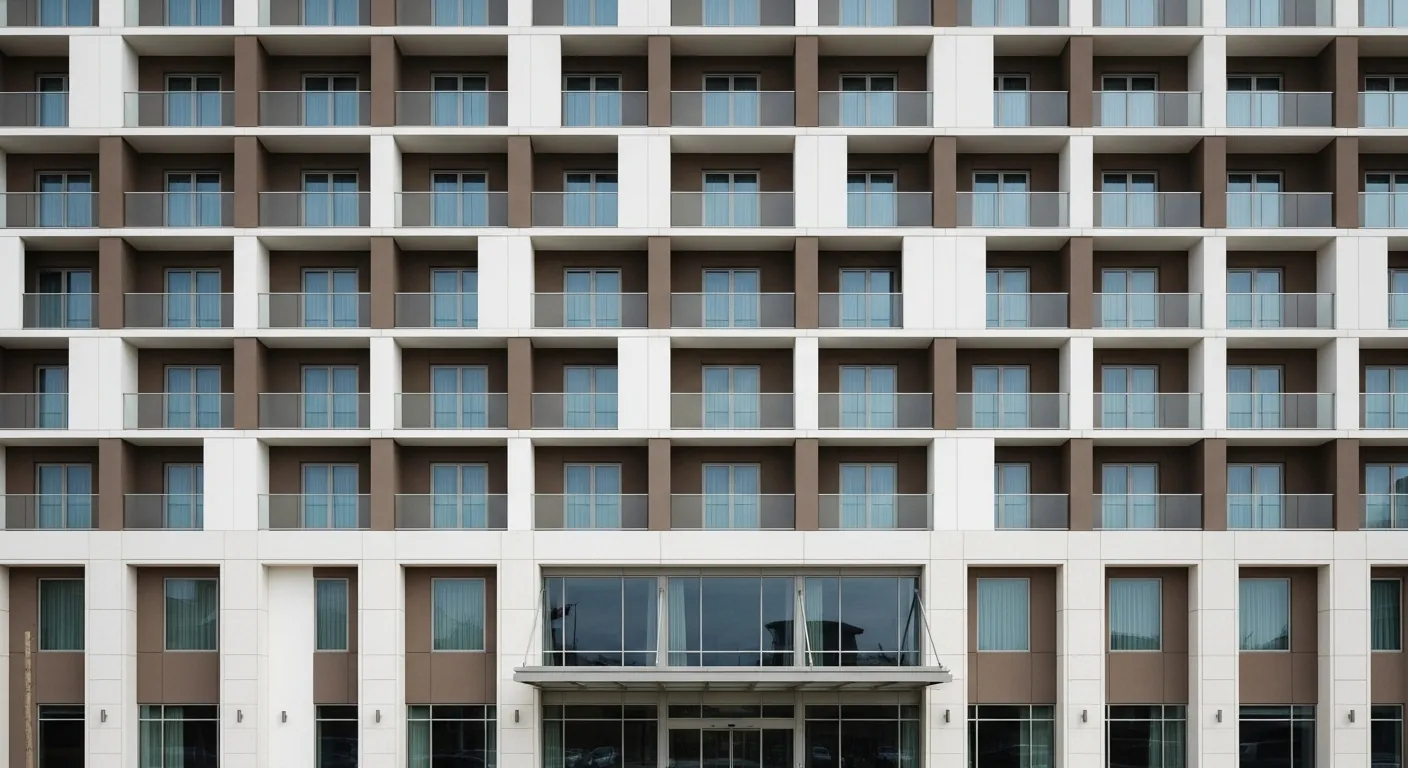 White and brown concrete hotel exterior