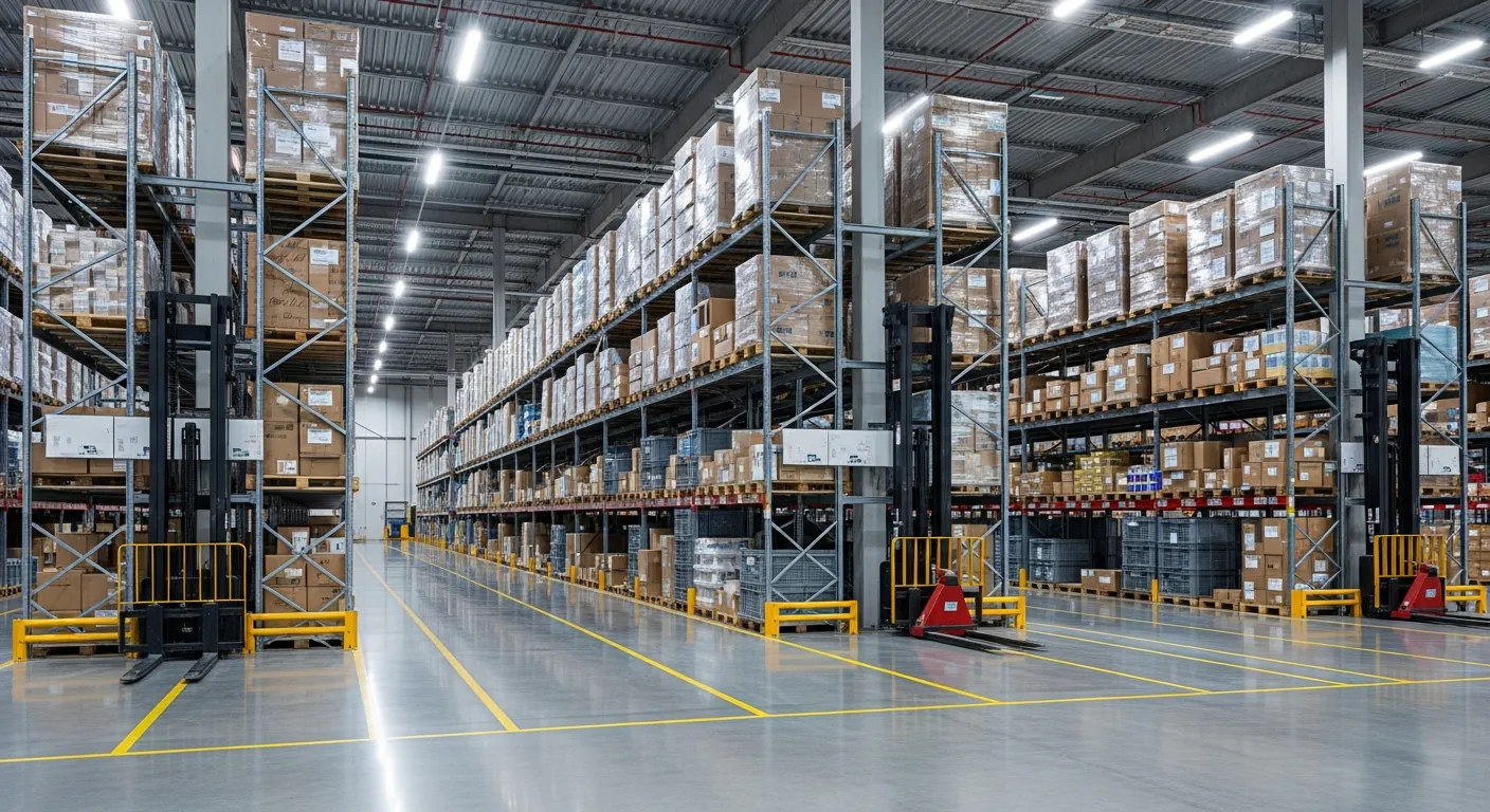 Modern warehouse facility with organized shelving