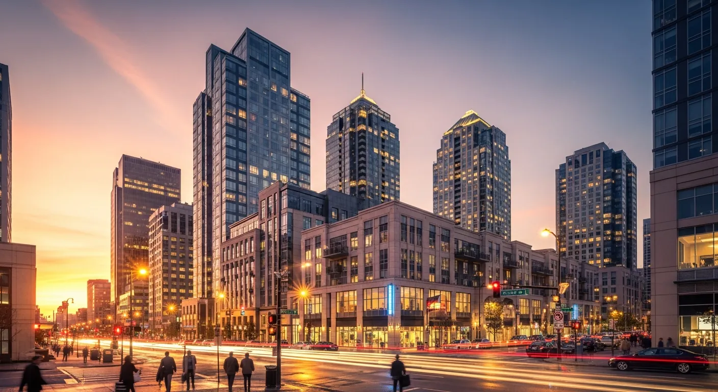 Urban commercial development at twilight