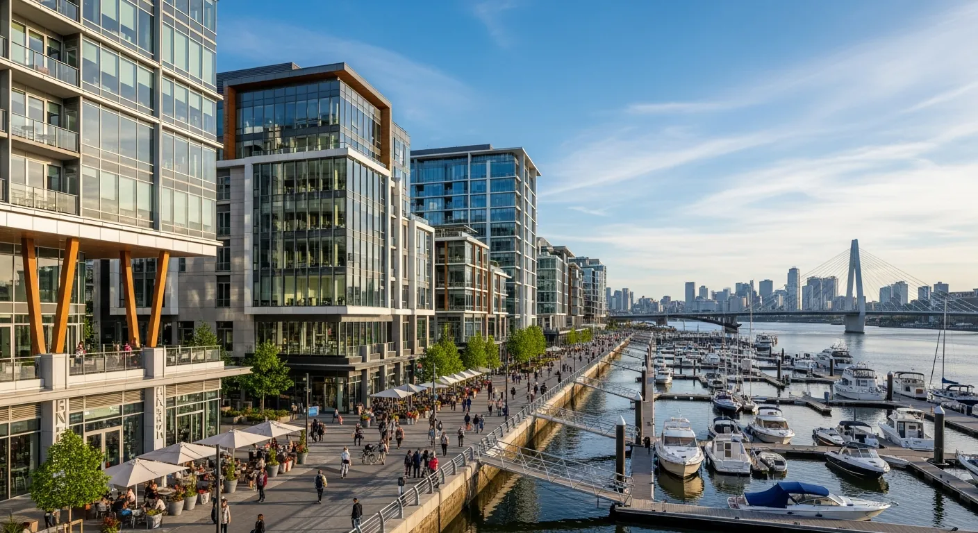 Modern waterfront development with commercial buildings