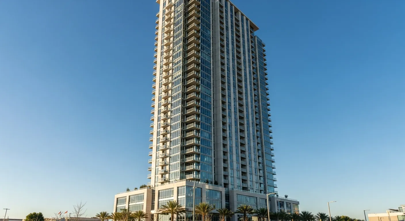Apartment tower under blue sky in Austin, Texas