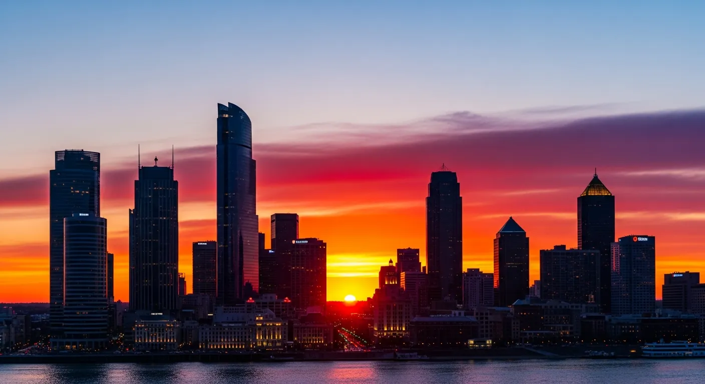 Panoramic city skyline at sunset
