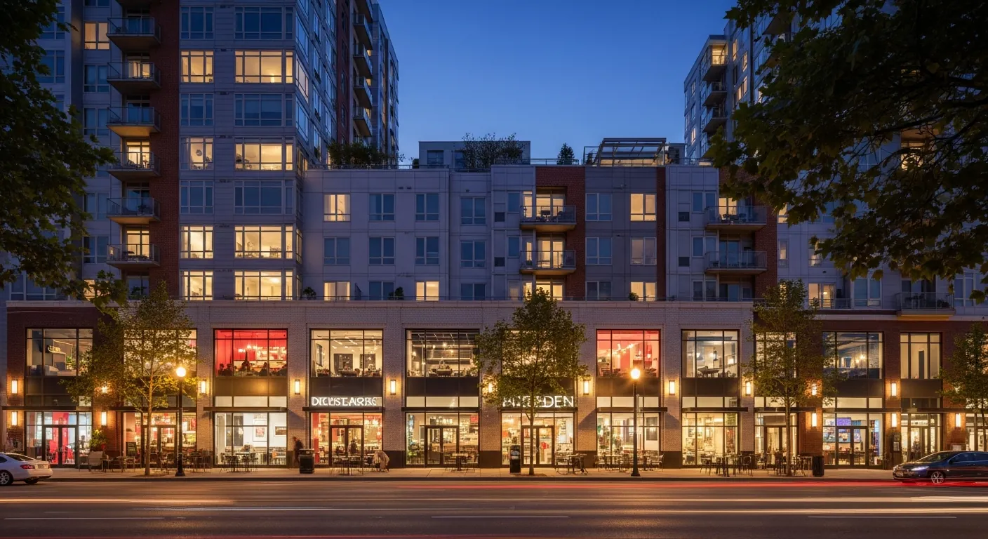 Urban mixed-use development at night