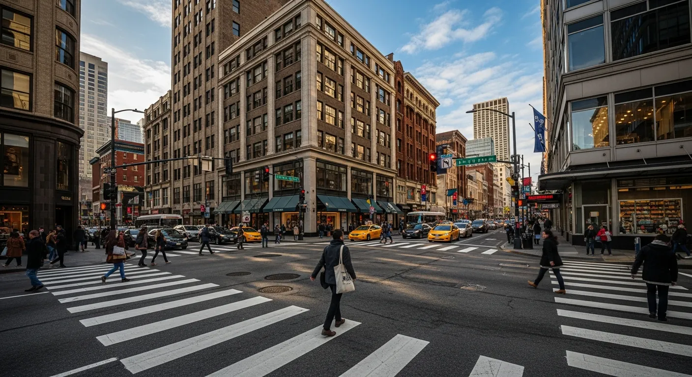 Urban intersection with commercial buildings