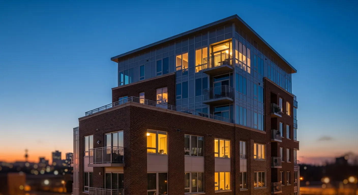 Urban apartment building at dusk