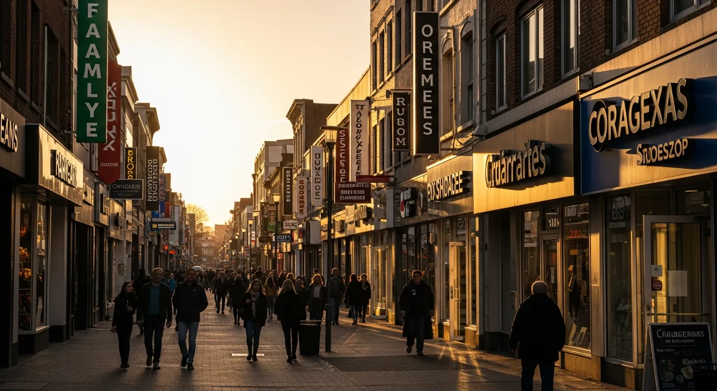 Urban commercial strip at golden hour
