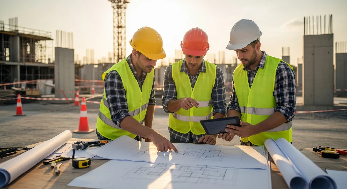 Construction workers reviewing building blueprints