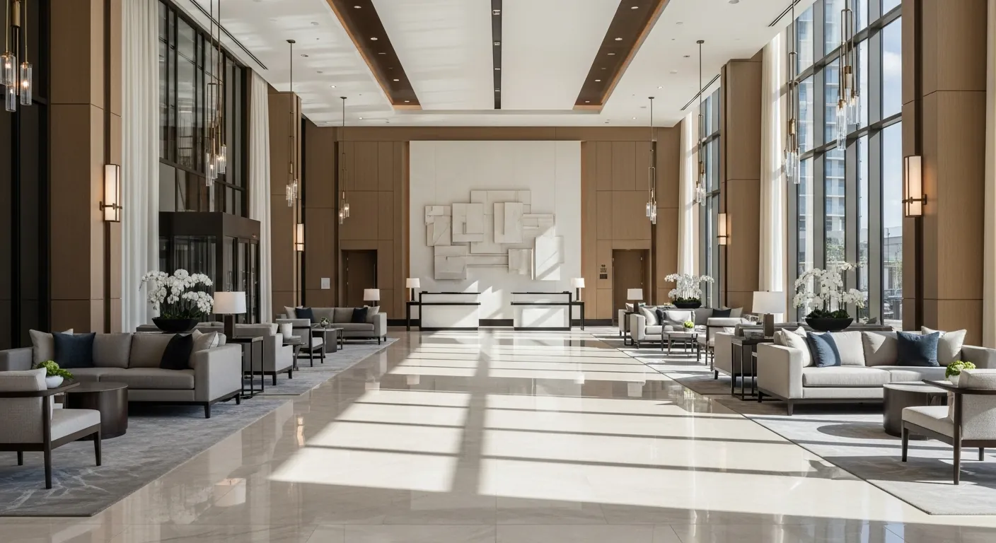 A modern five-star hotel lobby in Houston — the kind of 'trophy' asset that looks great on paper