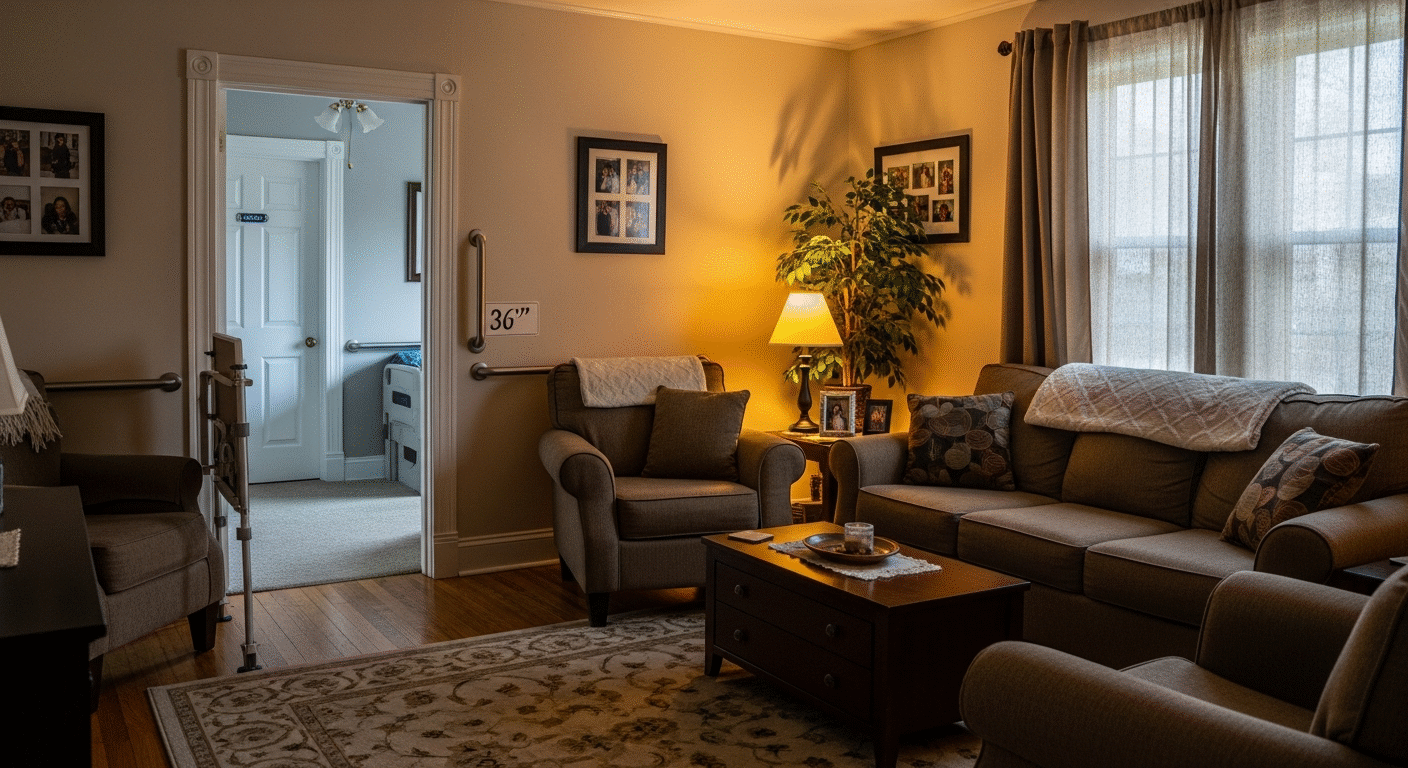 Zero-threshold entry and widened doorframe in a residential home converted for senior occupancy — dignified, home-like, and fully navigable by wheelchair or walker.