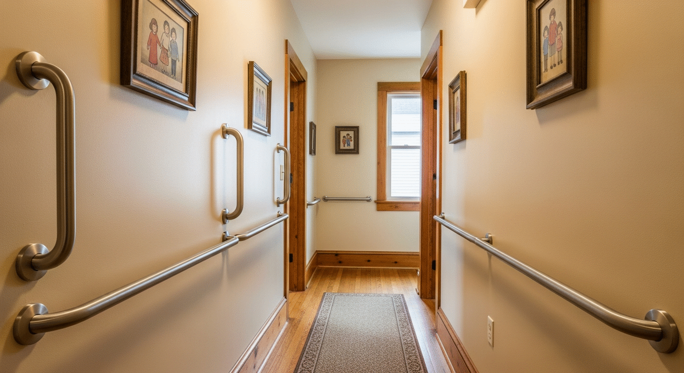 An ADA-compliant hallway inside a converted residential senior care home: 42-inch clearance, continuous grab bars at 34 inches on both walls, and residential-grade finishes throughout.