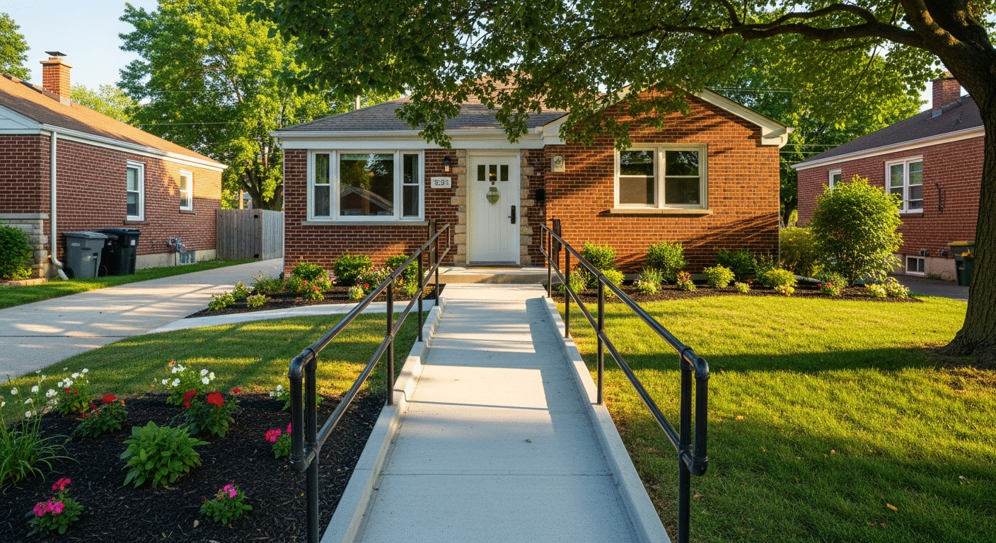 A residential single-family home modified for senior care: concrete ramp, wide entry, and ADA-compliant handrails — all maintaining the neighborhood aesthetic.